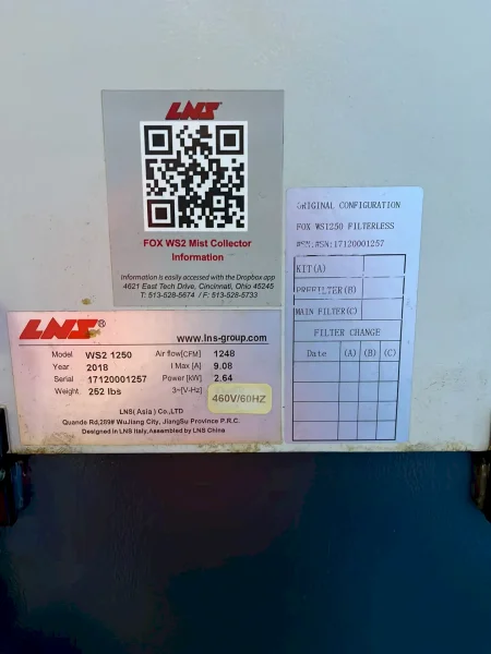 LNS 1248 CFM, 2.64 KW FOX WS2 MIST COLLECTOR  -  WS2 1250