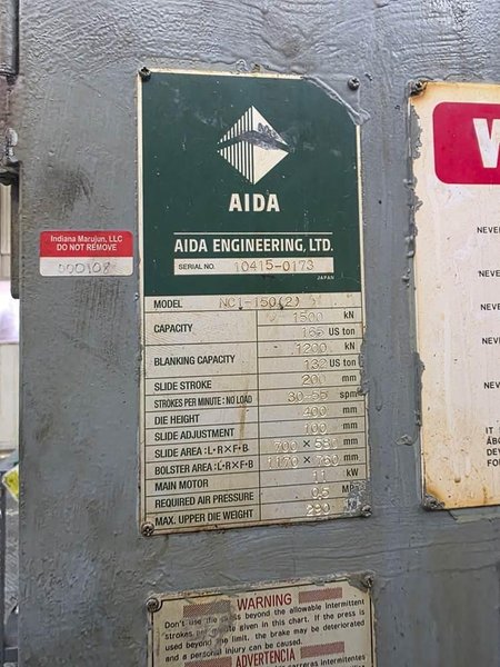 165 TON AIDA NC1-150 GAP FRAME PRESS. STOCK # 0431026
