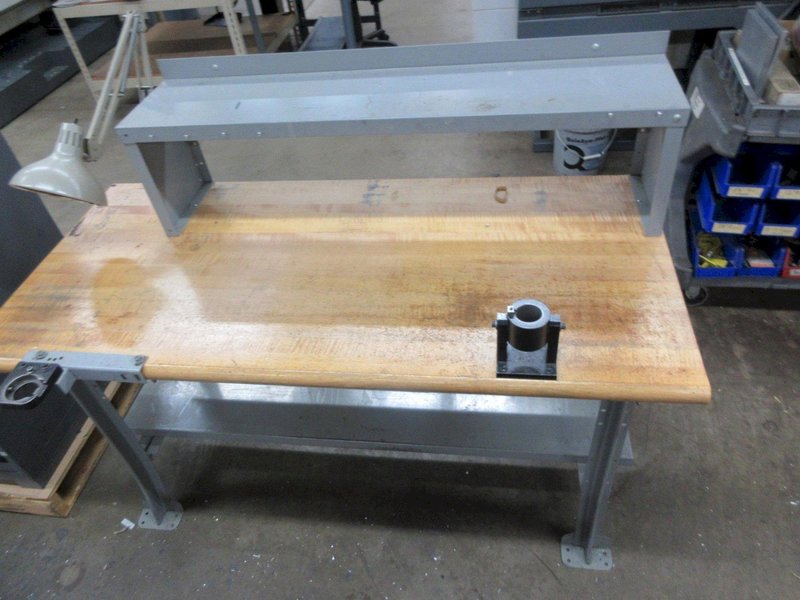 Butcher Block Top Work Bench with Upper and Lower Shelf, CAT40 Tool Vises- Auction Item