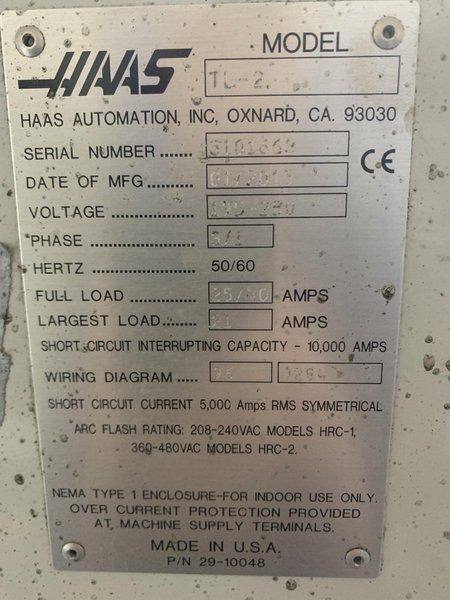 Haas Model TL2 CNC Flat Bed Lathe, S/N 3101663, New 2015.