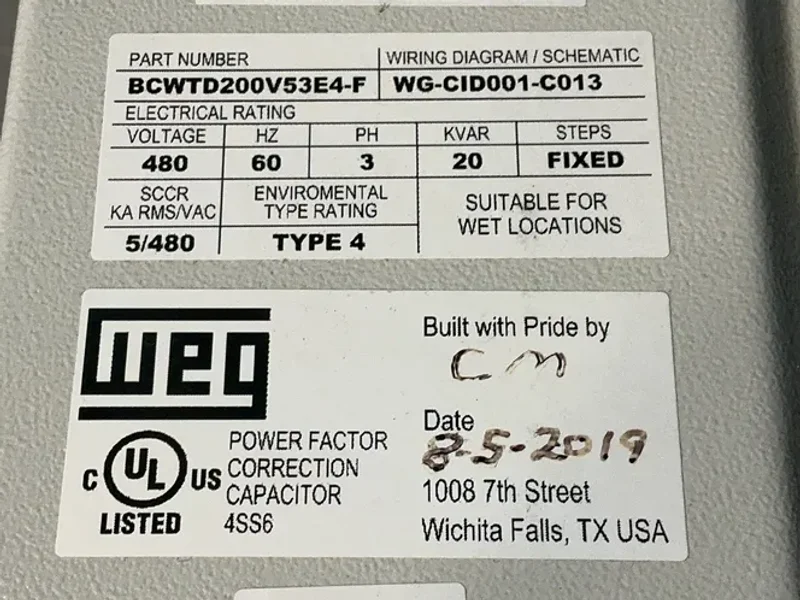 WEG POWER FACTOR CORRECTION CAPACITOR  -  BCWTD200V53E4-F