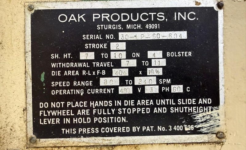 60 TON OAK MODEL #30-LP-60-604 STRAIGHT SIDE PRESS, STROKE 2", 80-240 SPM: YOBRO #26050