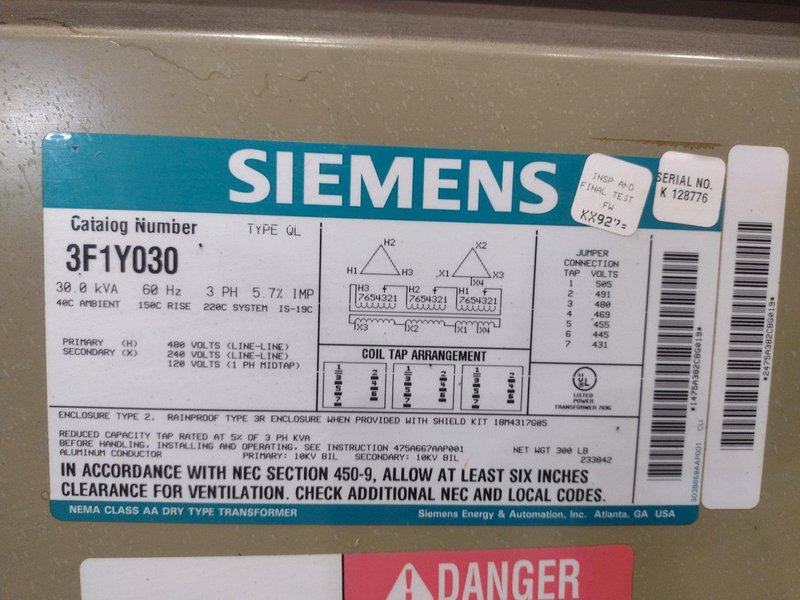 30 KVA SIEMANS MODEL #3F1Y030 480 V - 240V ELECTRIC TRANSFORMER: STOCK #23298