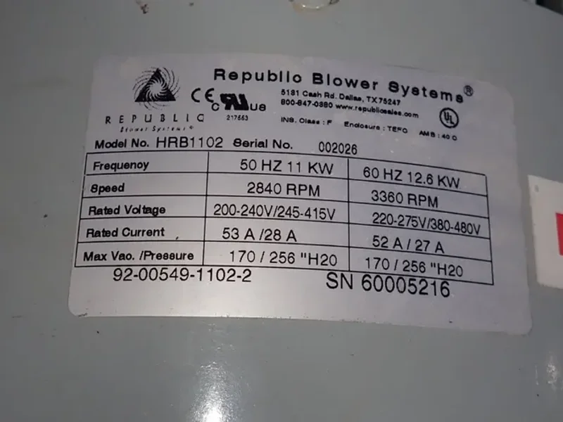 REPUBLIC BLOWER SYSTEMS 11 KW BLOWER  -  HRB1102