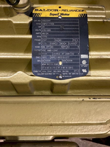BALDOR EM2334T 20HP AC MOTOR 1770RPM 3PH TEFC 256T USED