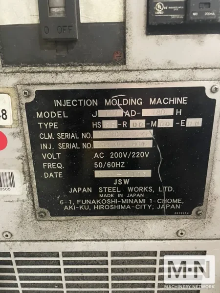 121 TON 4.3 OZ JSW MODEL J110AD-180H ELECTRIC INJECTION MOLDING MACHINE MFG 2005