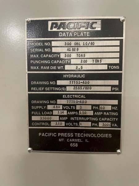 300 TON PACIFIC MODEL #300-OBL-10/60 STRAIGHT SIDE HYDRAULIC PRESS, 12" STROKE: STOCK #16352