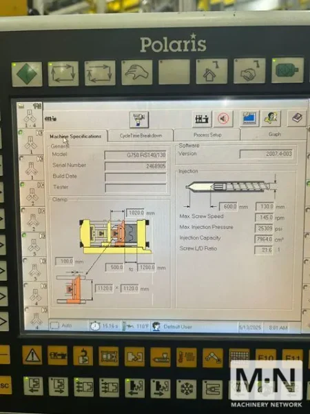 825 TON 269 OZ HUSKY MODEL G750RS`140/130 INJECTION MOLDING MACHINE MFG 200/2002 (2) AVAILABLE