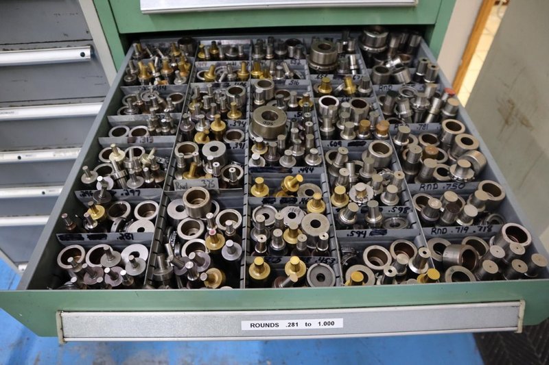 114 Style Turret Punch Tooling in Stanley Vidmar 9 Drawer cabinet- Auction Item