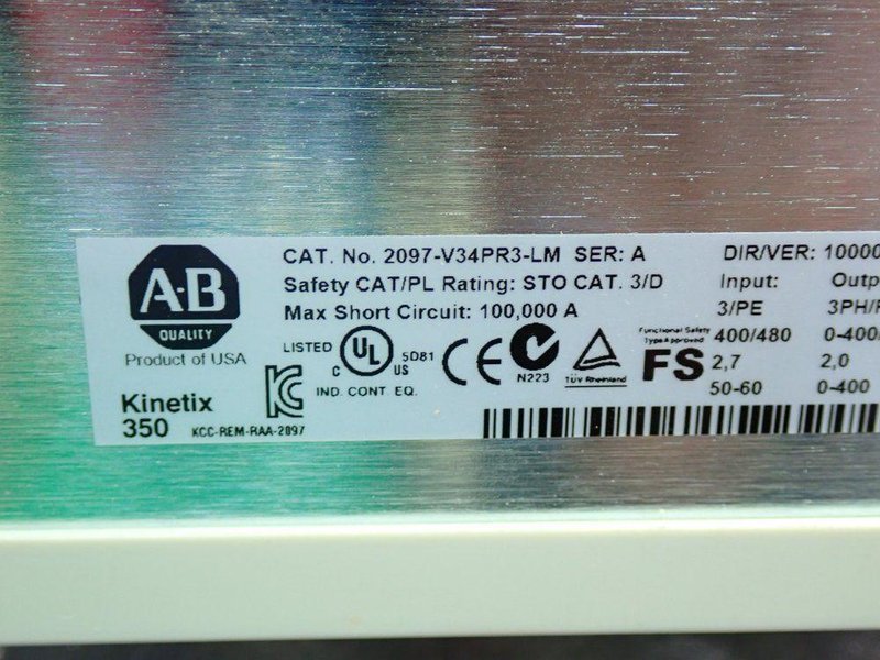 ALLEN BRADLEY 1.0KW, 2.0A OUTPUT, 2.7A INPUT KINETIX 350 SINGLE-AXIS SERVO DRIVE  -  2097-V34PR3-LM