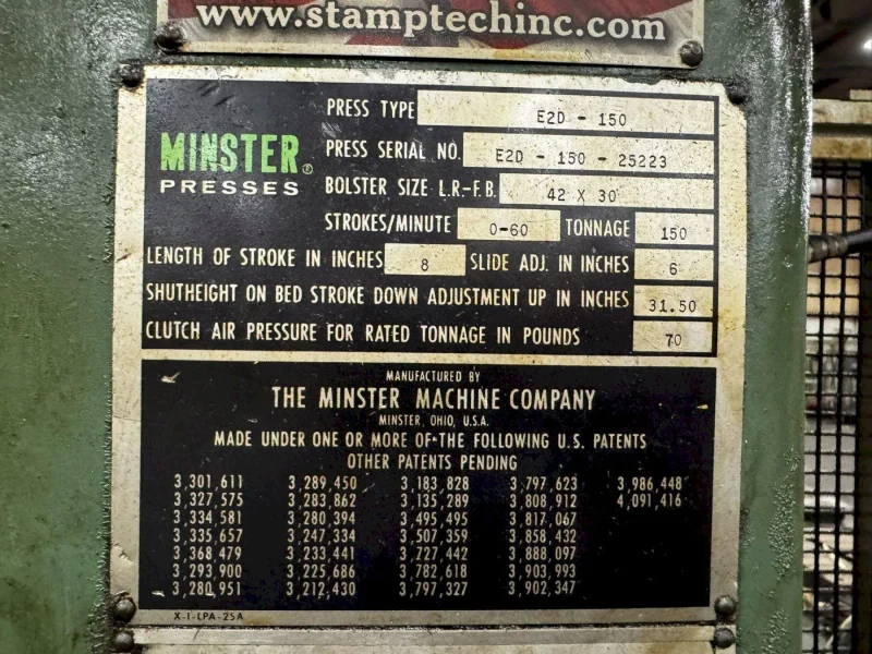 150 TON MINSTER E2-150-42-30 HEVI-STAMPER STRAIGHT SIDE PRESS: YOBRO #23911