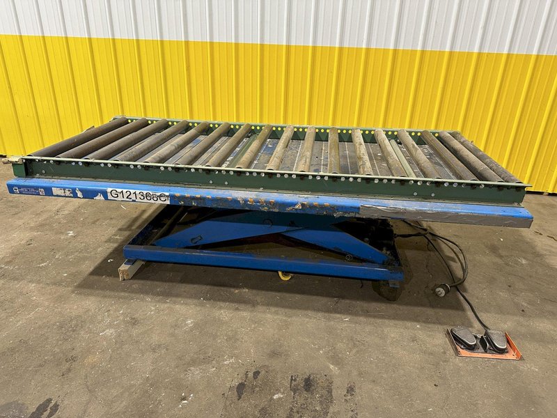 5,000 LBS X 96" X 48" BISHAMON HYDRAULIC SCISSOR LIFT TABLE WITH ROLLER CONVEYOR TOP, 115 VOLT: STOCK #20963
