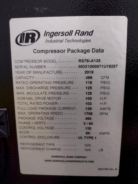 100 HP INGERSOLL-RAND MODEL RS75i-A125 ROTARY SCREW AIR COMPRESSOR W/ AIR DRYER: YOBRO #25976