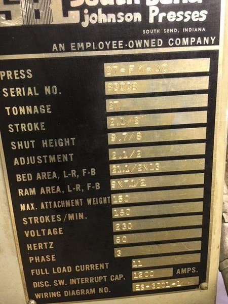 27 Ton South Bend O.B.I. Press 27-FW-AC, 2.5" Str., 9-7/8" S.H., 160 SPM, A.C., 1983