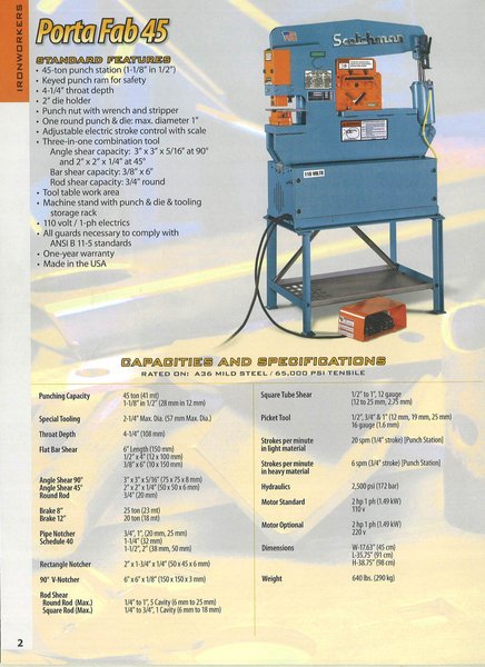 3&quot; x 3&quot; x 5/16&quot; Scotchman Hydraulic Ironworker  Porta Fab 45, 45 Ton, Punch, Angle &amp; Bar Shear, New