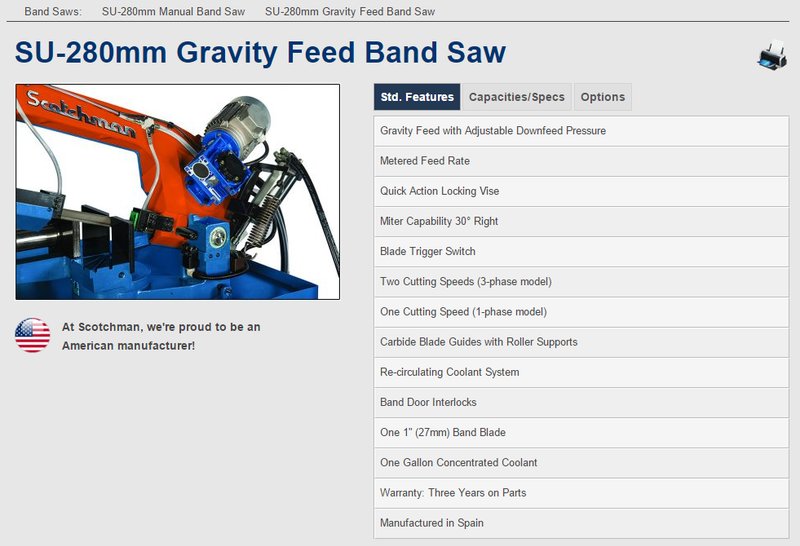 7&quot; x 11&quot; Scotchman Horizontal Band Saw SU-280G, 8&quot; Rounds, Miter, 1&quot; Blade, 1.5 HP, Coolant, New