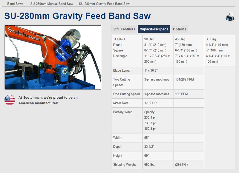 7&quot; x 11&quot; Scotchman Horizontal Band Saw SU-280G, 8&quot; Rounds, Miter, 1&quot; Blade, 1.5 HP, Coolant, New