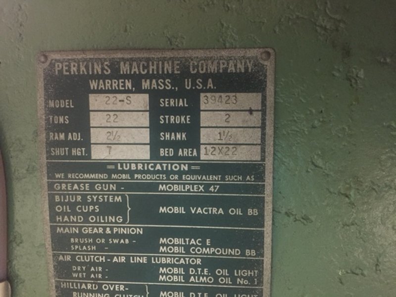 22 TON PERKINS No. 22-S, 2&quot; Str., 7&quot; S.H., 22&quot; x 12&quot; Bed, V-Speed 100-400 SPM, Clean
