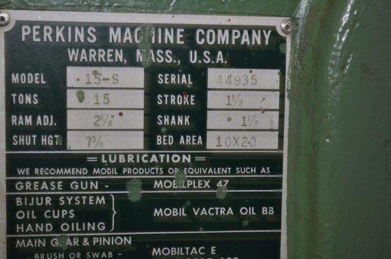 15 TON PERKINS No. 15-S, 1-1/2&quot; Str., 7.75&quot; S.H., 20&quot; x 10&quot; Bed, 100-300 SPM, 1981