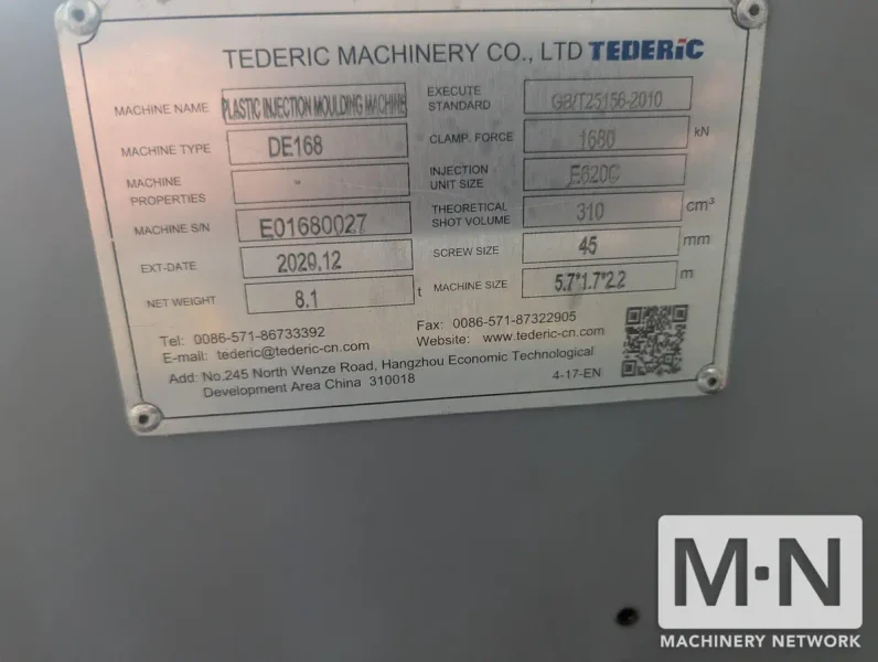 188 TON 10.4 OZ  TEDERIC MODEL DE168 ELECTRIC INJECTION MOLDING MACHINES MFG 2021