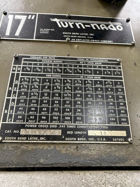 17&quot; X 144&quot; SOUTHBEND TURN-NADO LATHE. STOCK #1007525
