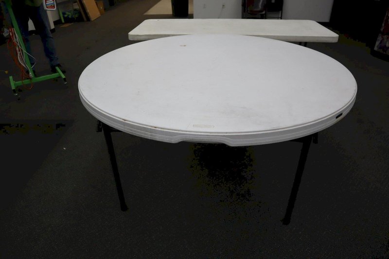 Lifetime White Plastic Top Folding Tables, (3) Rectangle 72" x 30" x 29", (1) Round 60" x 29"- Auction Item
