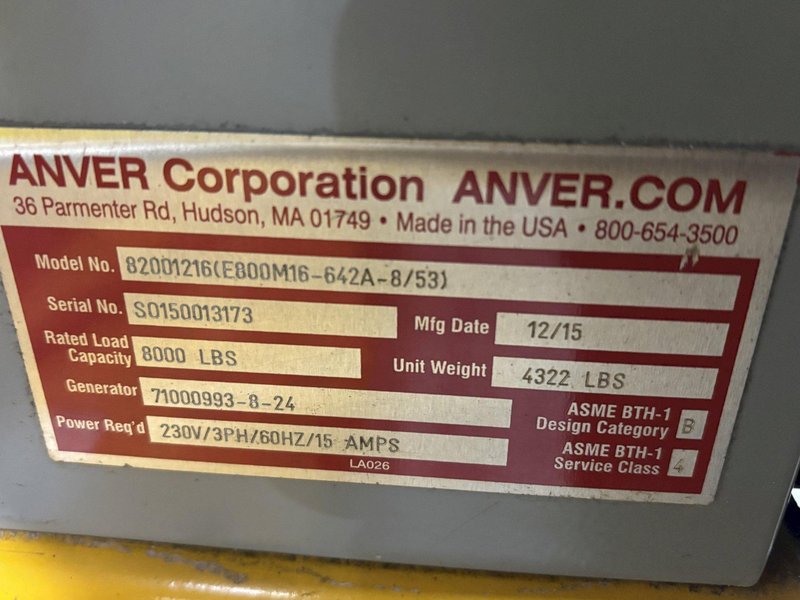 8,000 LBS X 60&#039; X 8&#039; ANVER MODEL  82001216 (E800M16-642A-8/53) VACUUM SHEET LIFTER, 2015: STOCK 22458