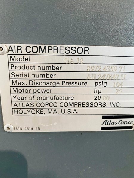 25 HP ATLAS-COPCO GA-18 ROTARY SCREW AIR COMPRESSOR. STOCK # 0633521