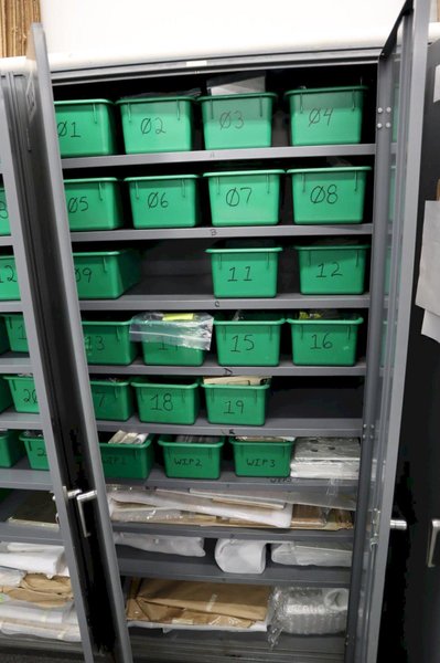 Metal 2 Door Heavy Duty Storage Cabinets (3 Units) with Adjustable Shelves and Contents of Plastic Bins and Parts- Auction Item
