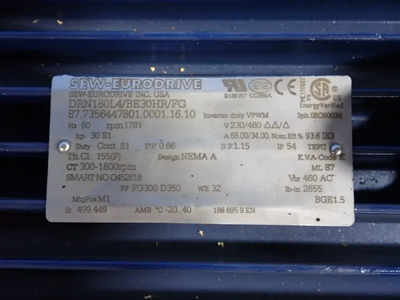 SEW EURODRIVE 30 HP GEAR MOTOR  -  DRN180L4/BE30HR-FG