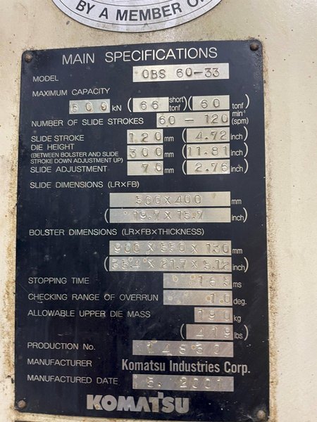 60 ton Komatsu OBS-60 Single Point Mechanical Metal Stamping Gap Frame Press For Sale, Year 2001