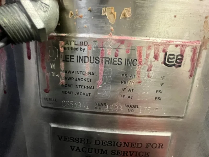 175 Gal Lee Double Motion Vacuum Kettle, S/S, 20/100#