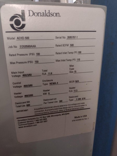 500 SCFM DONALDSON MODEL #AEHD-500 HEATED REGENERATIVE DESICCANT DRYER: STOCK 15154