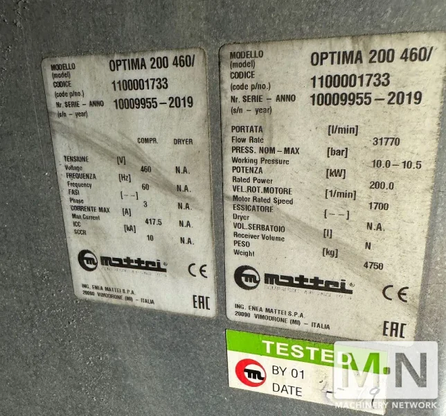 275HP Mattei Optima 200 Sliding Vane, Vari-speed Air Compressor - New 2019