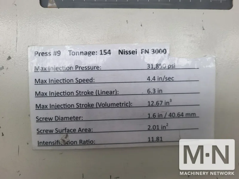 154 TON 6.3 OZ NISSEI MODEL FN3000-25A INJECTION MOLDING MACHINE MFG 2004