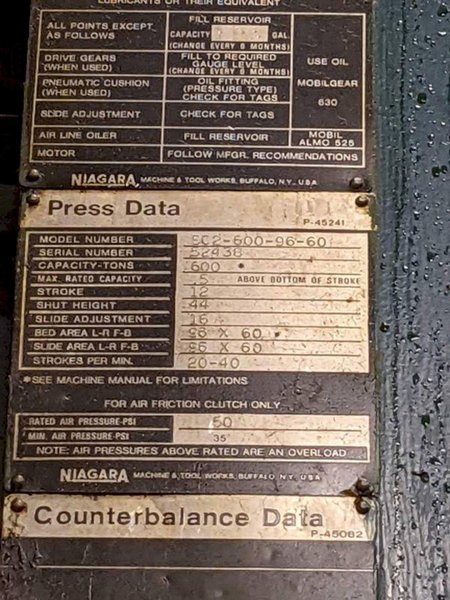 600 ton Niagara SC2-600-96-60 Used Straight Side Mechanical Metal Stamping Press For Sale, Year 1986