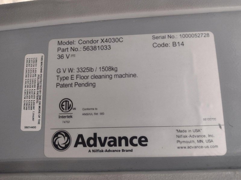 ADVANCE MODEL #CONDOR X4030C ECOFLEX FLOOR SCRUBBER: STOCK #21127