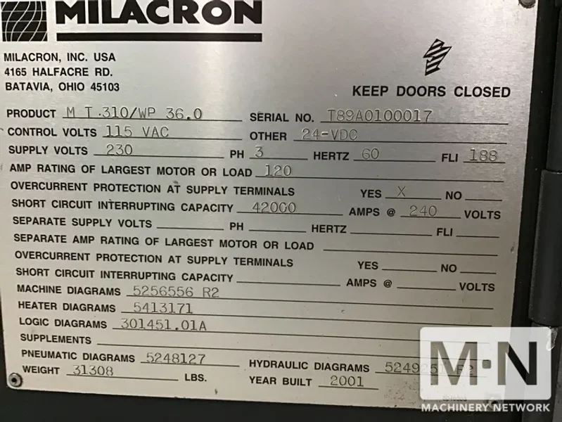 310 TON 36 OZ FERROMATIK MILACRON MODEL MT310-36 WIDE PLATEN INJECTION MOLDING MACHINE MFG 2001