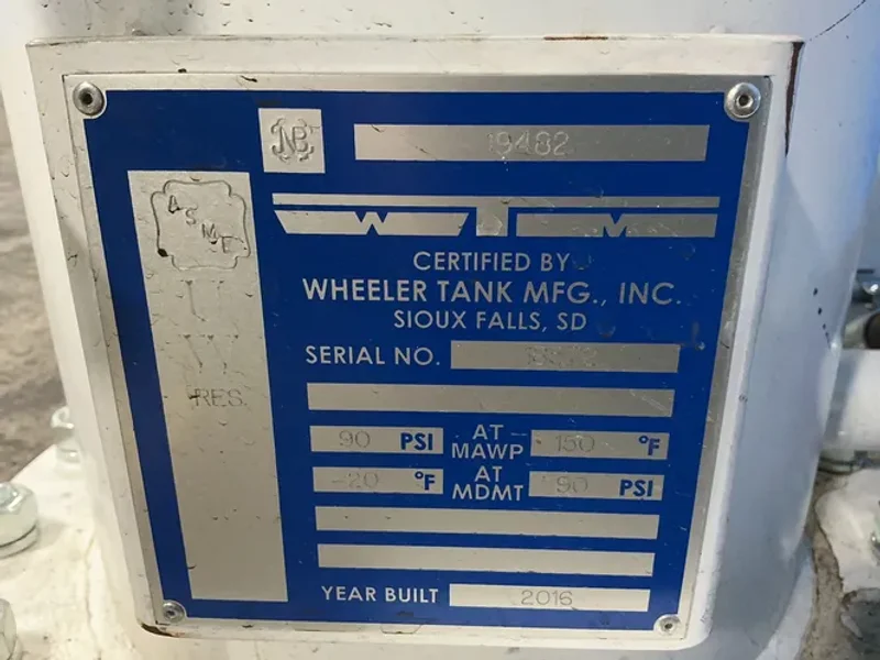 WHEELER TANK MFG., INC. 90 PSI AT 150* F PRESSURE VESSEL STORAGE TANK