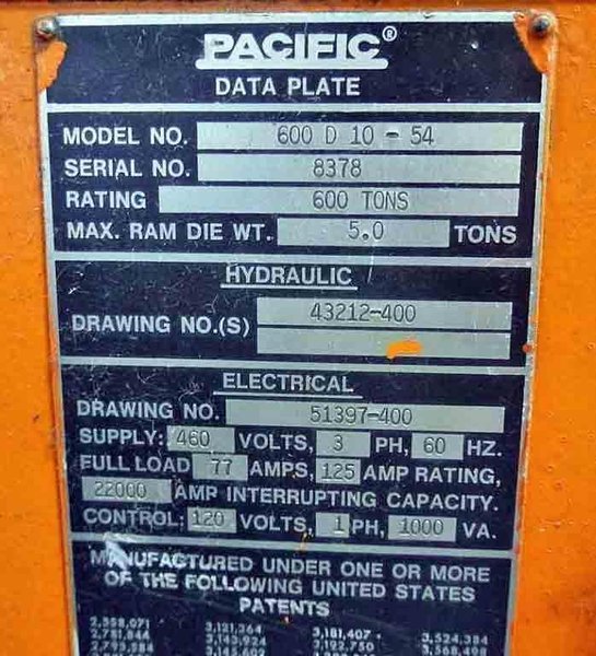 600 Ton Pacific Straight Side Hydraulic Press