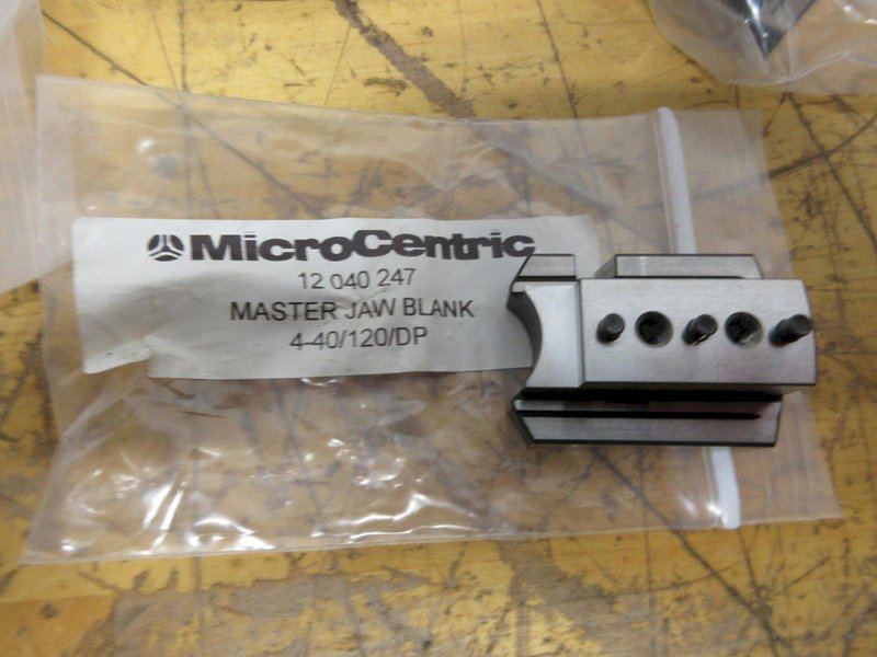 Microcentric 4-120-3, Rotating Air Chucks, 4" 3-Jaw with (6) 12 040 247 Spare Master Jaw Blanks  ***Looks New, Unused***- Auction Item