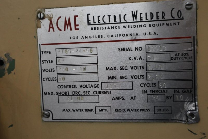 Acme PTOS-24-50 SPot Welder, 50 KVA, Press Type, SpotWeld Sequence Welder Control- Auction Item