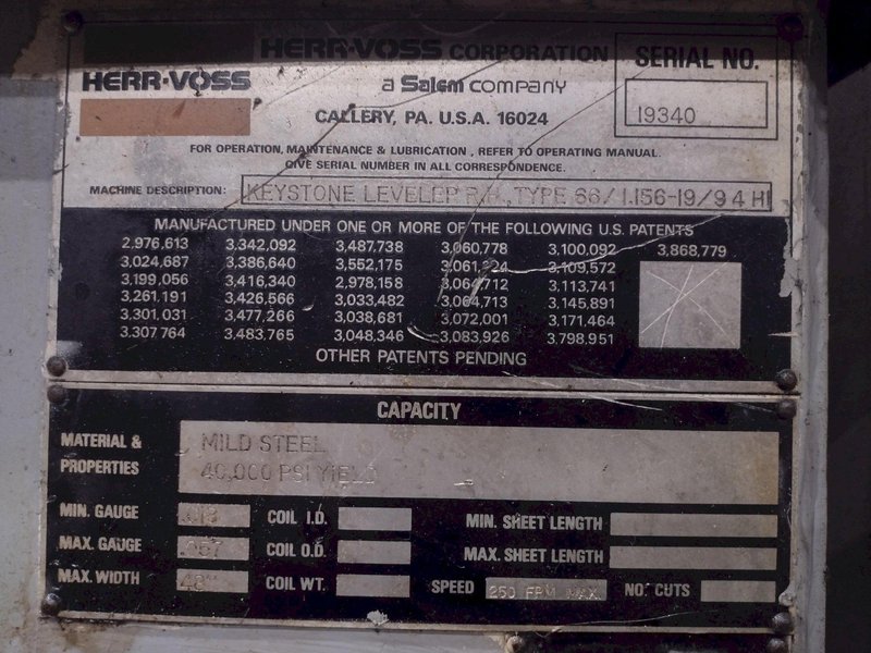 60" X .057" HERR-VOSS MODEL #66/1.156-19/9 4-HIGH BACKED UP PRECISION COIL LEVELER: YOBRO #25004