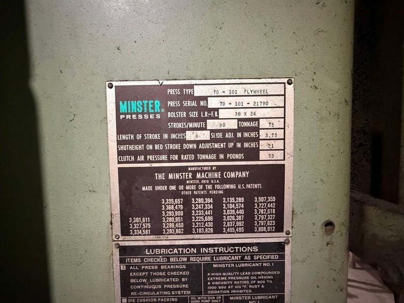 75 TON MINSTER #7D-101 DIE-NAMIC OBI PRESS. STOCK #0873526