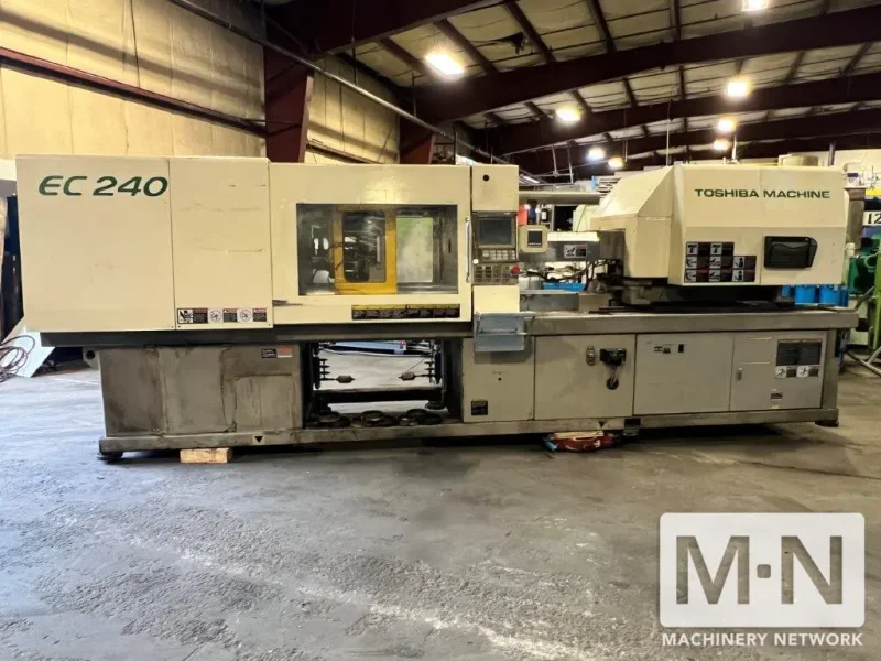 240 TON 10.7 OZ TOSHIBA MODEL EC240V21-6 INJECTION MOLDING MACHINE MFG 2002
