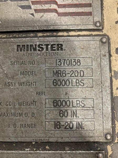 Minster Pull Off Double End Coil Reel Uncoiler 6,000 lb x 20" Wide