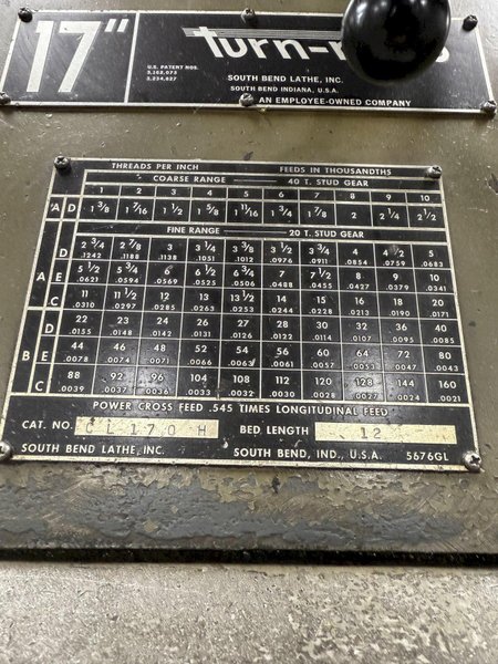 17&quot; X 144&quot; SOUTHBEND TURN-NADO LATHE. STOCK #1007525