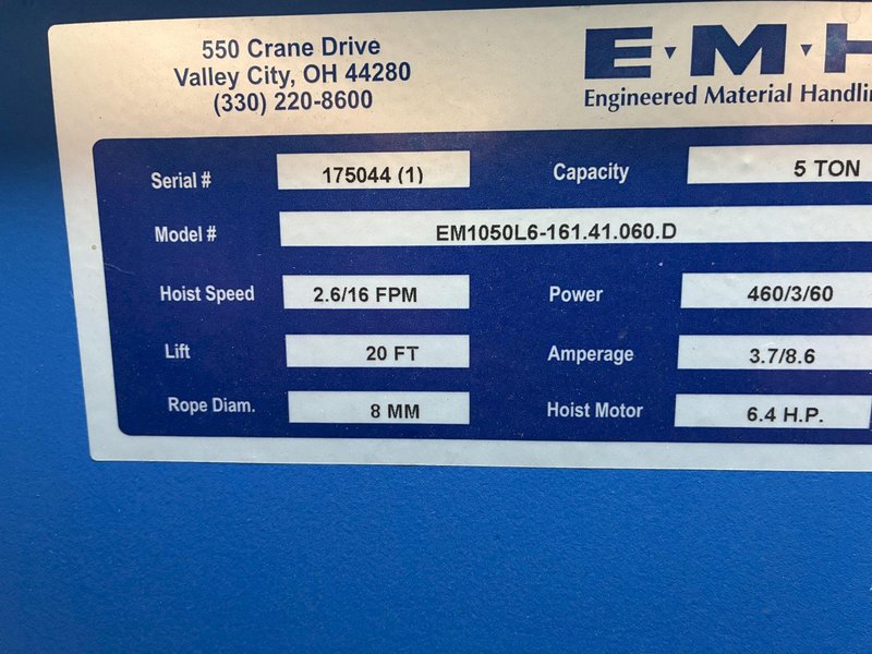 10 TON (5/5) X 46’7” EMH 2020 DUAL GIRDER TOP RUNNING OVERHEAD BRIDGE CRANE : YOBRO #25017
