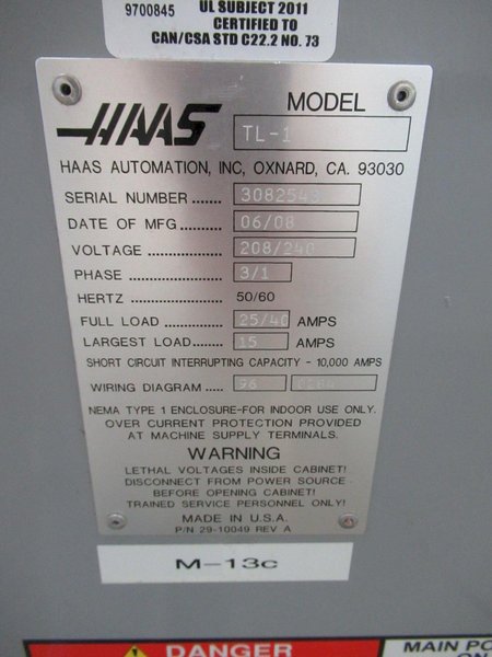 Haas TL-1 CNC Toolroom Lathe with Tailstock, 3-Jaw Chuck, Coolant Tank and Pump