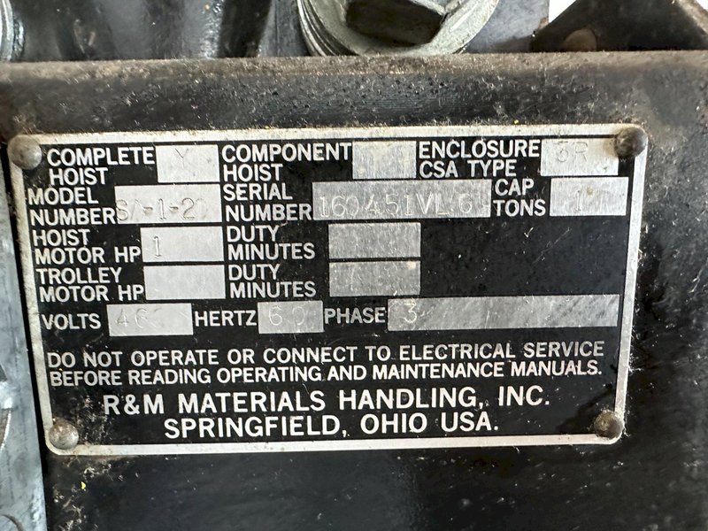 1 TON R&amp;M SPACEMASTER OVERHEAD HOIST. STOCK # 0421623